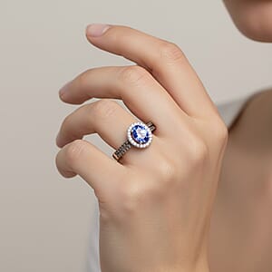 Tanzanite, Natural Champagne and White Diamond Ring in 14K White Gold 1.30 ctw (Size 5.0)