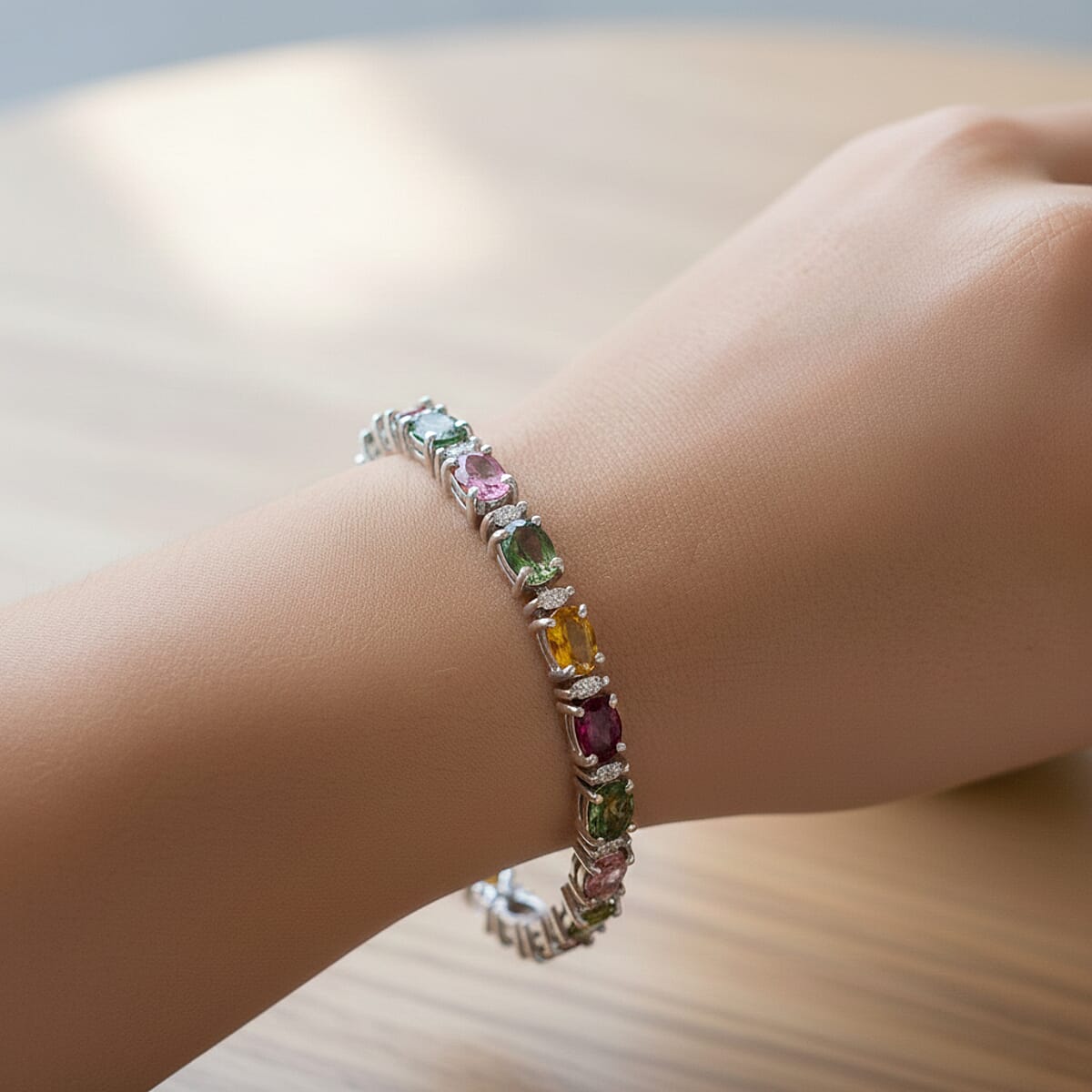 D'Joy Premium Multi-Tourmaline and Moissanite 11.00 ctw Garden of Lights Bracelet in Rhodium Over Sterling Silver (7.25 In) image number 2