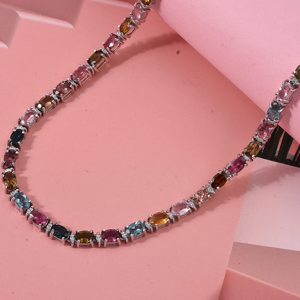 D'Joy Premium Multi-Tourmaline and Moissanite 13.90 ctw Garden of Lights Necklace in Rhodium Over Sterling Silver 18 Inches image number 1