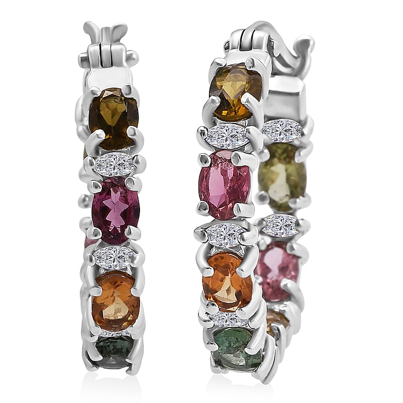 D'Joy Premium Multi Tourmaline and Moissanite 2.90 ctw Garden of Lights Earrings in Rhodium Over Sterling Silver