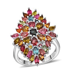 D'Joy Premium Multi-Tourmaline 4.00 ctw Auroras Bloom Ring in Rhodium Over Sterling Silver (Size 10.0)