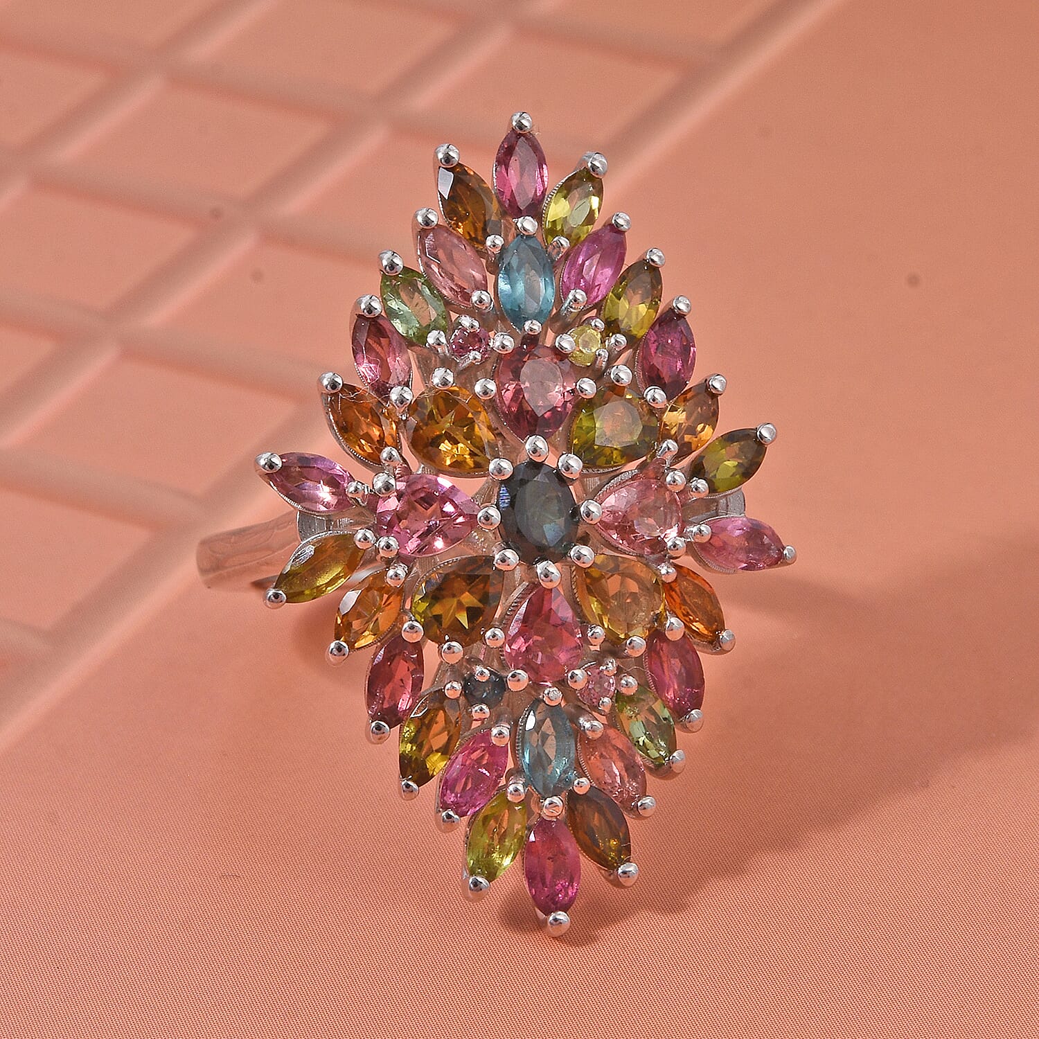 D'Joy Premium Multi-Tourmaline 4.00 ctw Auroras Bloom Ring in Rhodium Over Sterling Silver (Size 10.0)