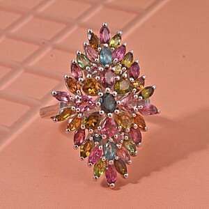 D'Joy Premium Multi-Tourmaline 4.00 ctw Auroras Bloom Ring in Rhodium Over Sterling Silver (Size 10.0)