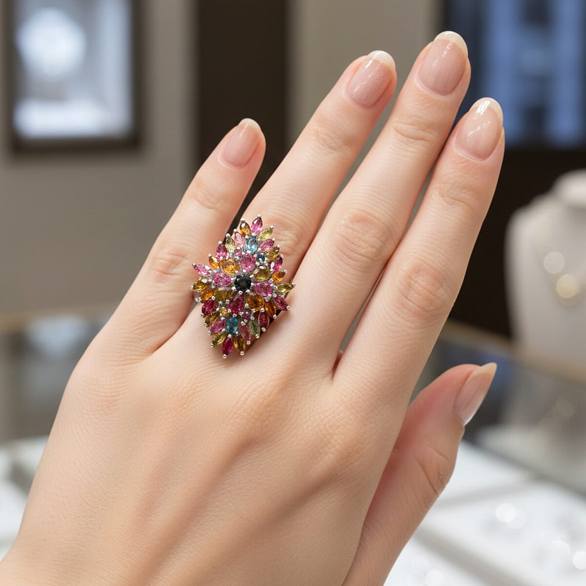 D'Joy Premium Multi-Tourmaline 4.00 ctw Auroras Bloom Ring in Rhodium Over Sterling Silver (Size 10.0) image number 2