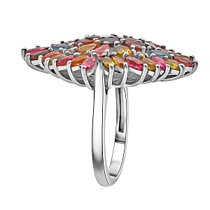 D'Joy Premium Multi-Tourmaline 4.00 ctw Auroras Bloom Ring in Rhodium Over Sterling Silver (Size 10.0)