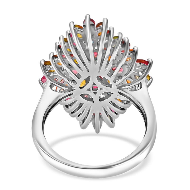 D'Joy Premium Multi-Tourmaline 4.00 ctw Auroras Bloom Ring in Rhodium Over Sterling Silver (Size 10.0)