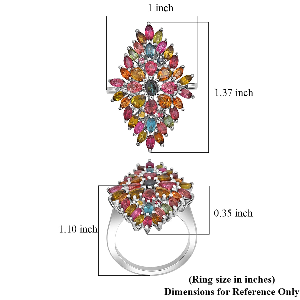 D'Joy Premium Multi-Tourmaline 4.00 ctw Auroras Bloom Ring in Rhodium Over Sterling Silver (Size 10.0)