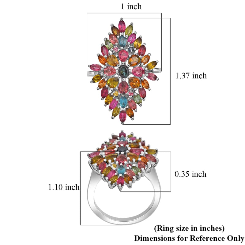 D'Joy Premium Multi-Tourmaline 4.00 ctw Auroras Bloom Ring in Rhodium Over Sterling Silver (Size 10.0)