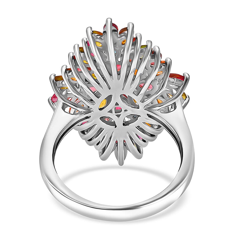D'Joy Premium Multi-Tourmaline 4.00 ctw Auroras Bloom Ring in Rhodium Over Sterling Silver (Size 6.0)