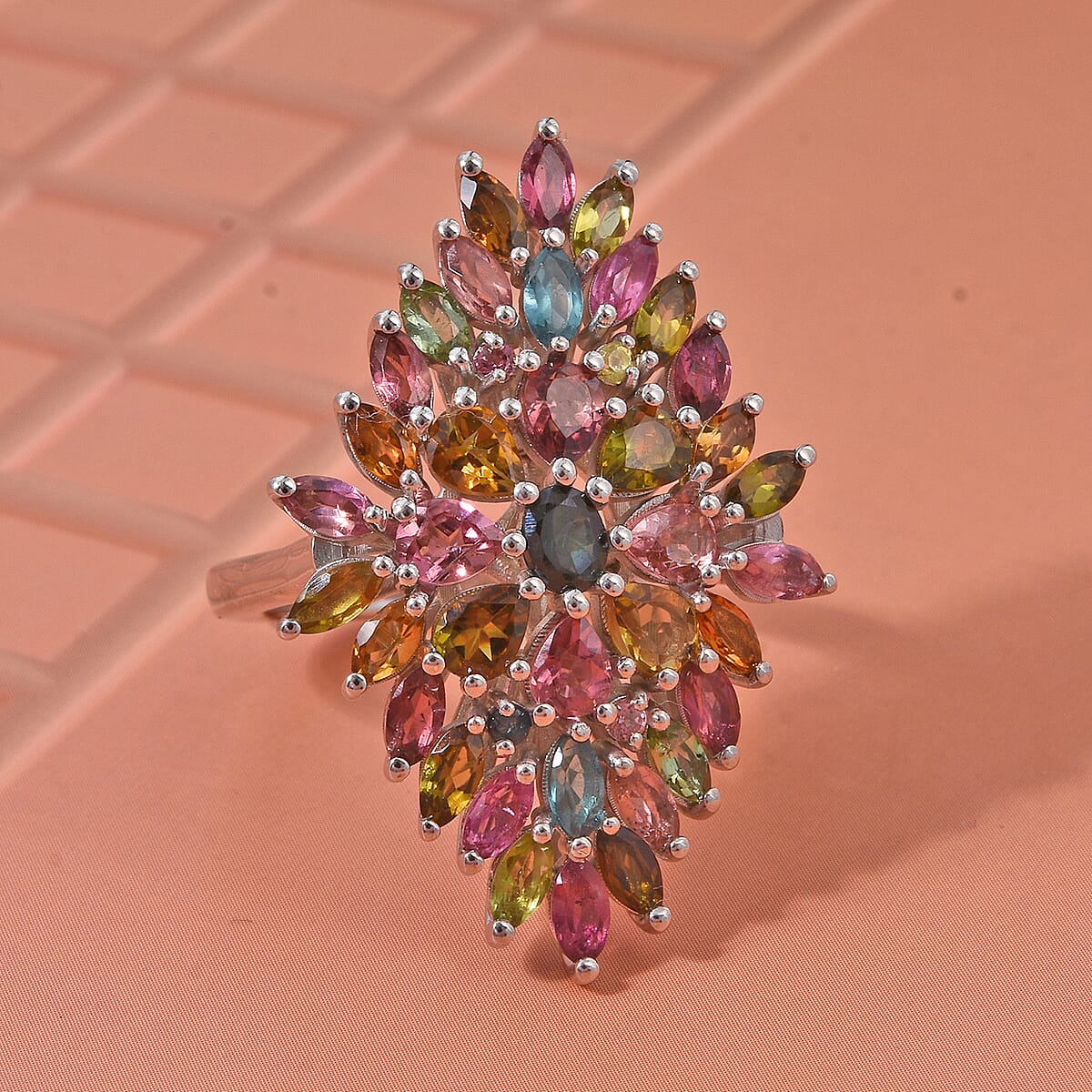 D'Joy Premium Multi-Tourmaline 4.00 ctw Auroras Bloom Ring in Rhodium Over Sterling Silver (Size 8.0) image number 1