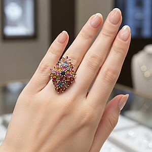 D'Joy Premium Multi-Tourmaline 4.00 ctw Auroras Bloom Ring in Rhodium Over Sterling Silver (Size 9.0)