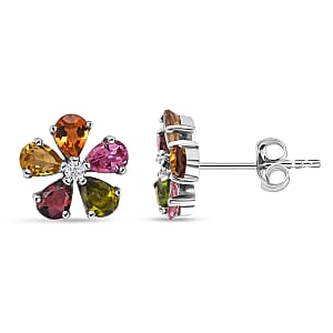 D'Joy Premium Multi-Tourmaline and White Zircon 1.60 ctw Earrings in Rhodium Over Sterling Silver