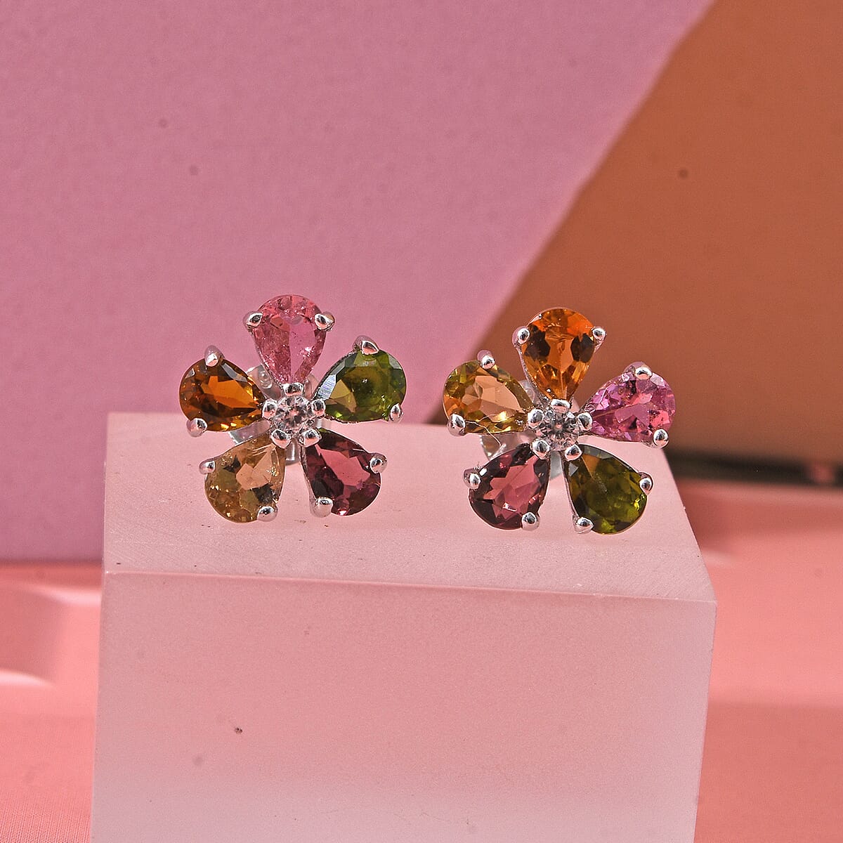 D'Joy Premium Multi-Tourmaline and White Zircon 1.60 ctw Colorburst Flower Stud Earrings in Rhodium Over Sterling Silver image number 1