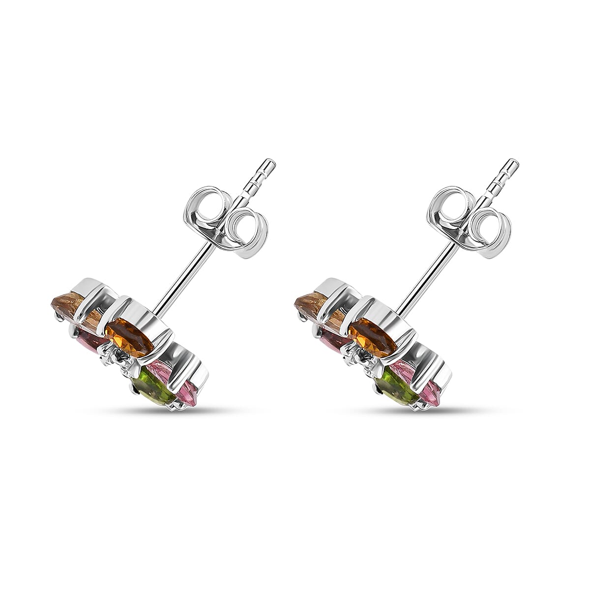 D'Joy Premium Multi-Tourmaline and White Zircon 1.60 ctw Colorburst Flower Stud Earrings in Rhodium Over Sterling Silver image number 3