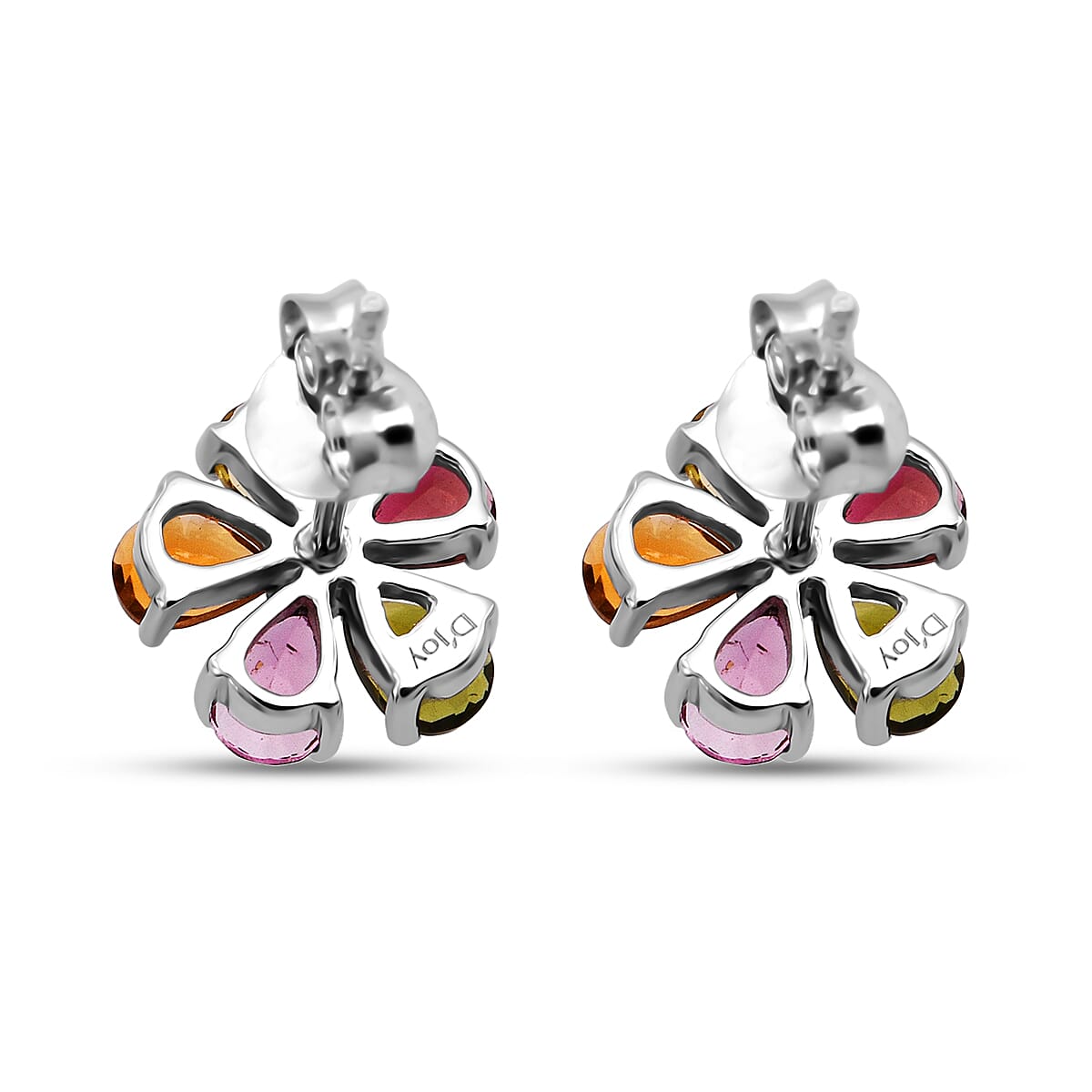 D'Joy Premium Multi-Tourmaline and White Zircon 1.60 ctw Colorburst Flower Stud Earrings in Rhodium Over Sterling Silver image number 4