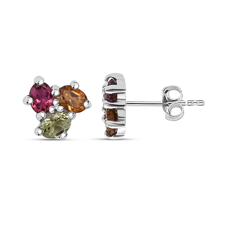 D'Joy Premium Multi-Tourmaline 1.00 ctw Stud Earrings in Rhodium Over Sterling Silver (Size 9.0)