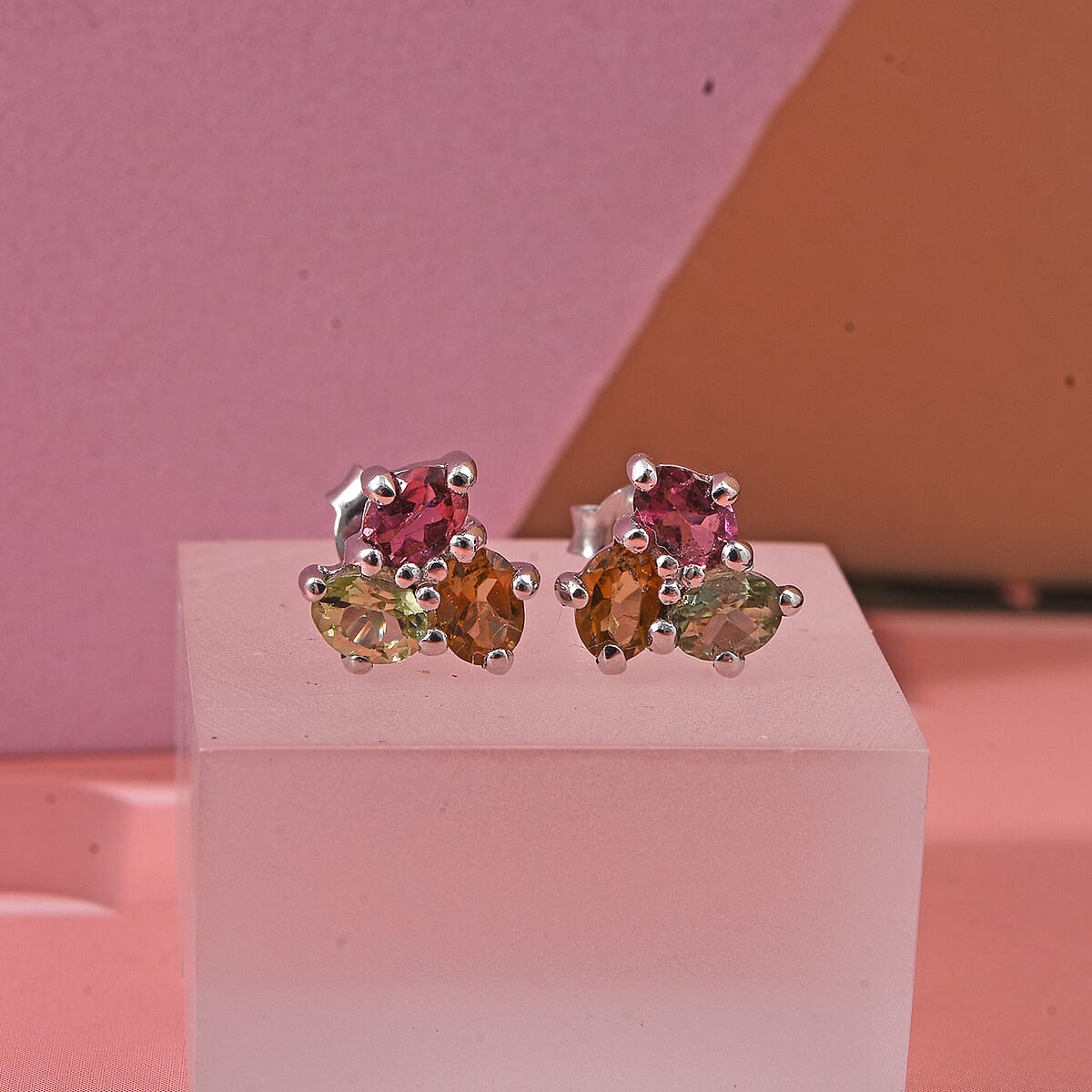 D'Joy Premium Multi-Tourmaline 1.00 ctw Stud Earrings in Rhodium Over Sterling Silver (Size 9.0) image number 1