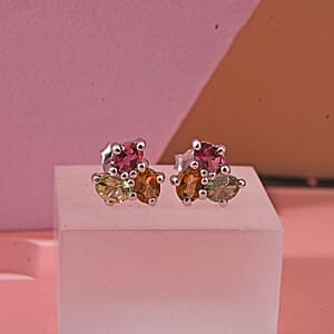 D'Joy Premium Multi-Tourmaline 1.00 ctw Stud Earrings in Rhodium Over Sterling Silver (Size 9.0)