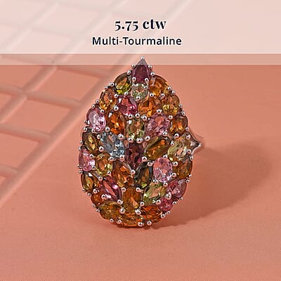 D'Joy Premium Multi-Tourmaline 5.75 ctw Mosaic Bloom Ring in Rhodium Over Sterling Silver (Size 10.0)