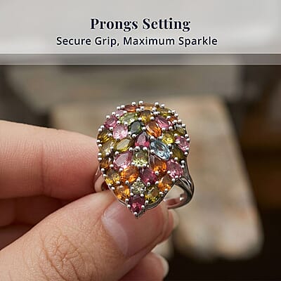 D'Joy Premium Multi-Tourmaline 5.75 ctw Mosaic Bloom Ring in Rhodium Over Sterling Silver (Size 10.0)