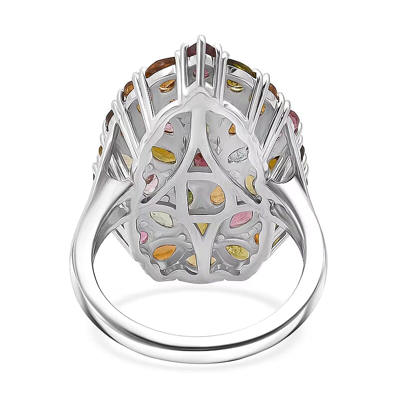 D'Joy Premium Multi-Tourmaline 5.75 ctw Mosaic Bloom Ring in Rhodium Over Sterling Silver (Size 10.0)