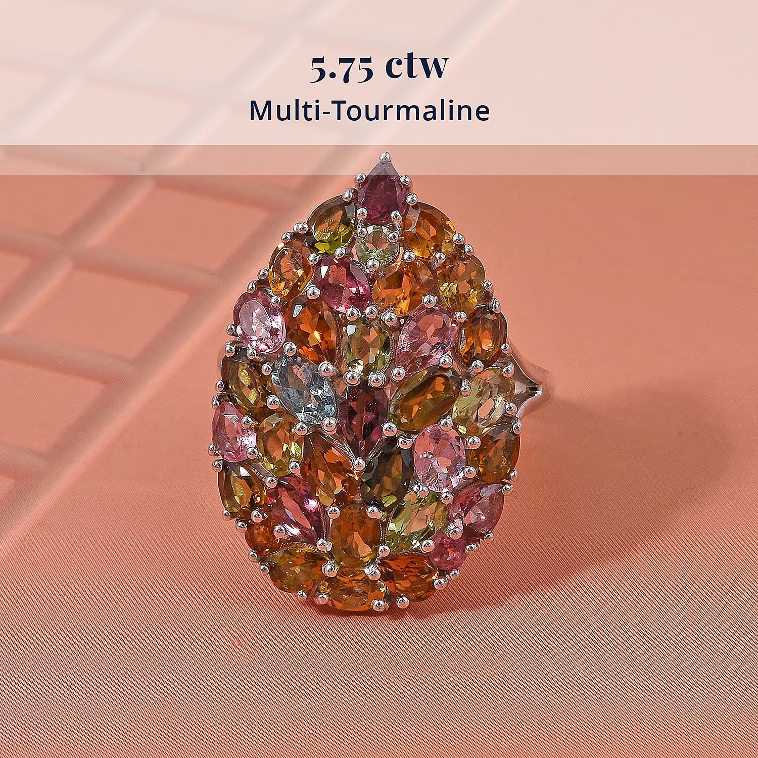 D'Joy Premium Multi-Tourmaline 5.75 ctw Mosaic Bloom Ring in Rhodium Over Sterling Silver (Size 6.0)