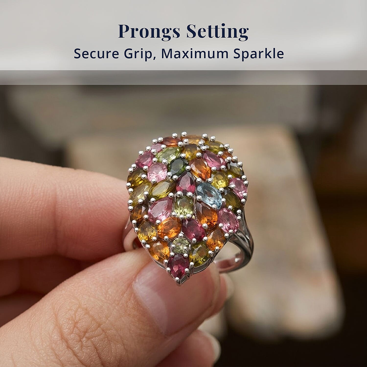 D'Joy Premium Multi-Tourmaline 5.75 ctw Mosaic Bloom Ring in Rhodium Over Sterling Silver (Size 6.0)