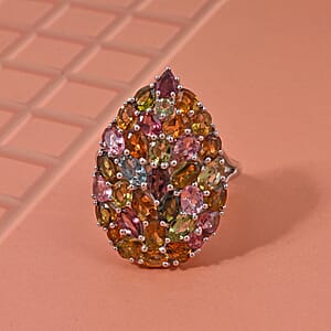 D'Joy Premium Multi-Tourmaline 5.75 ctw Mosaic Bloom Ring in Rhodium Over Sterling Silver (Size 7.0)
