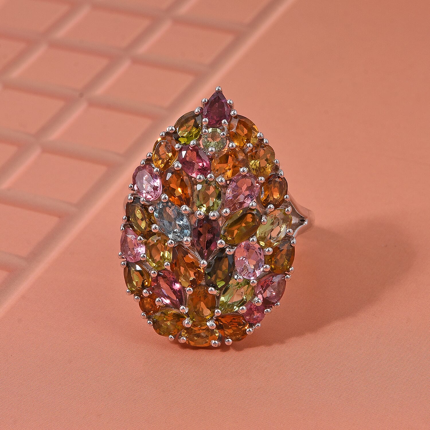 D'Joy Premium Multi-Tourmaline 5.75 ctw Mosaic Bloom Ring in Rhodium Over Sterling Silver (Size 8.0)