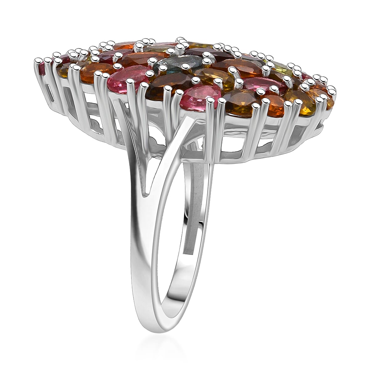D'Joy Premium Multi-Tourmaline 5.75 ctw Mosaic Bloom Ring in Rhodium Over Sterling Silver (Size 8.0)