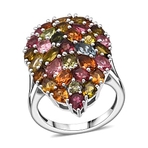 D'Joy Premium Multi-Tourmaline 5.75 ctw Mosaic Bloom Ring in Rhodium Over Sterling Silver (Size 9.0)