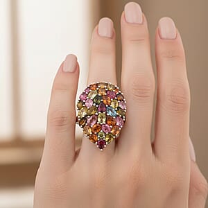D'Joy Premium Multi-Tourmaline 5.75 ctw Mosaic Bloom Ring in Rhodium Over Sterling Silver (Size 9.0)