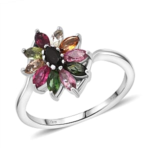 D'Joy Premium Multi-Tourmaline 0.90 ctw Ring in Rhodium Over Sterling Silver (Size 10.0)