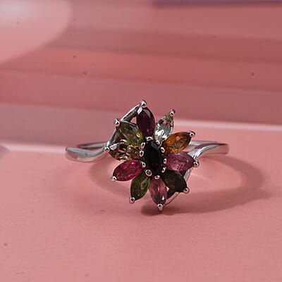 D'Joy Multi-Tourmaline Ring in Rhodium Over Sterling Silver 0.90 ctw (Size 5.0)
