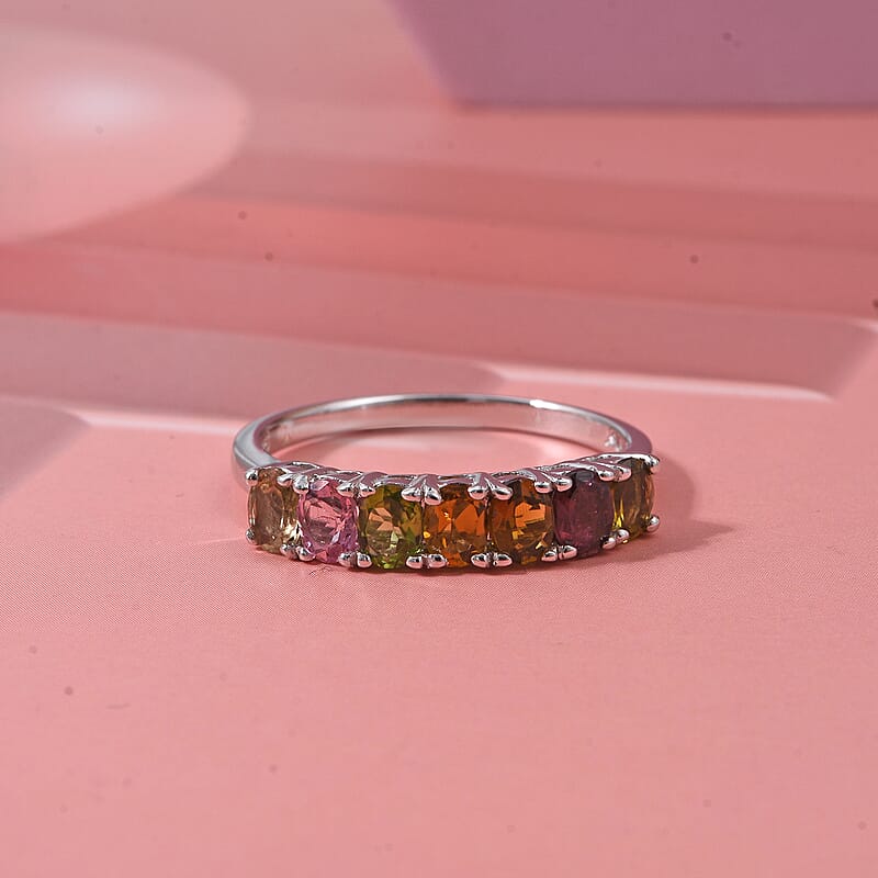 D'Joy Premium Multi-Tourmaline 1.20 ctw Blossom Kiss Band Ring in Rhodium Over Sterling Silver (Size 7.0)