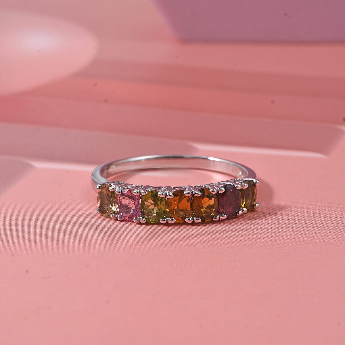 D'Joy Premium Multi-Tourmaline 1.20 ctw Blossom Kiss Band Ring in Rhodium Over Sterling Silver (Size 9.0) image number 1