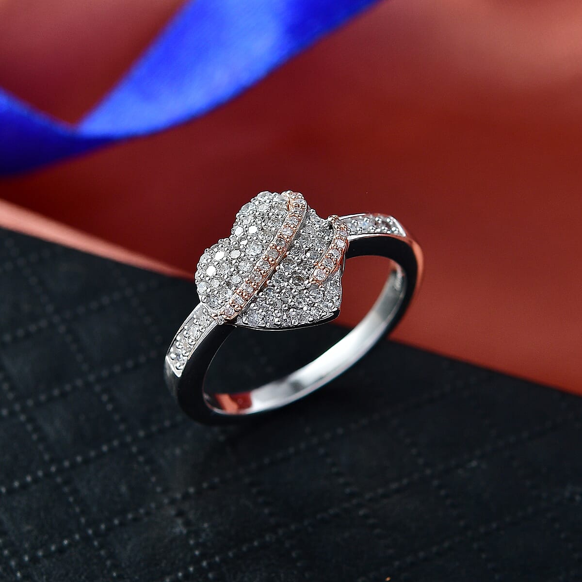 Luxuriant Lab Grown Diamond G-H SI 0.50 ctw Love Ribbon Matrix Ring in 18K Vermeil RG and Rhodium Over Sterling Silver (Size 10.0) image number 1