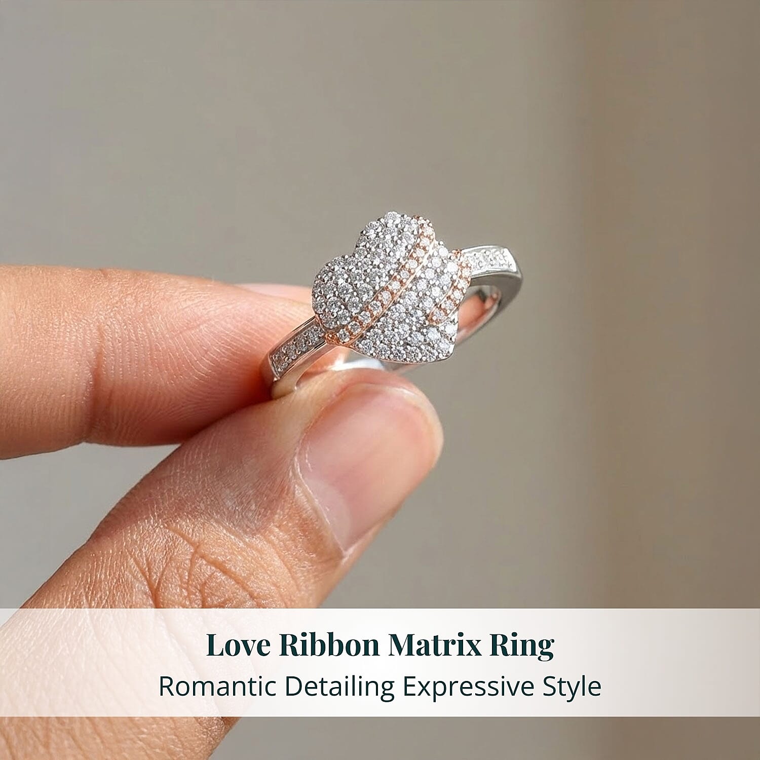 Luxuriant Lab Grown Diamond G-H SI 0.50 ctw Love Ribbon Matrix Ring in 18K Vermeil RG and Rhodium Over Sterling Silver (Size 7.0)
