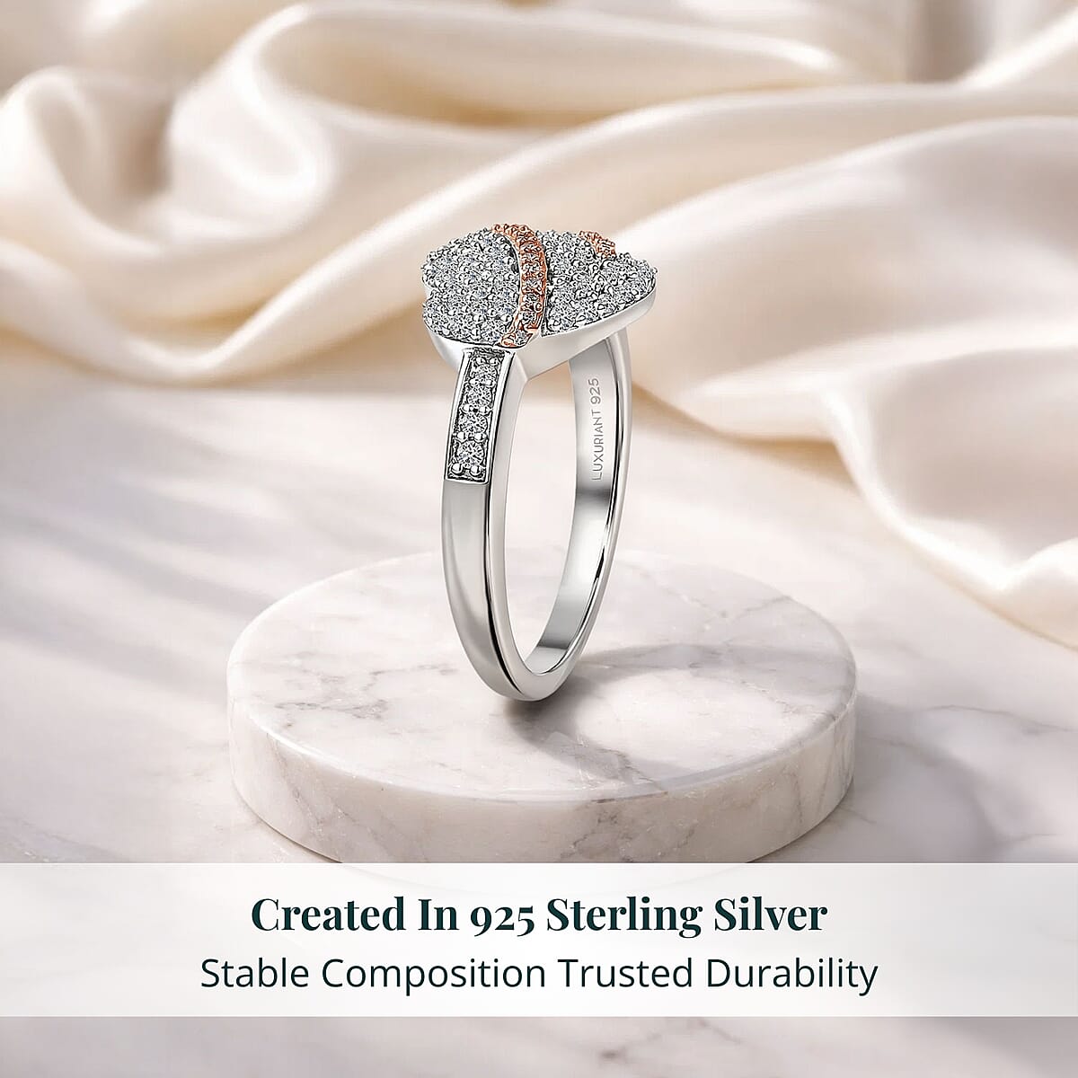 Luxuriant Lab Grown Diamond G-H SI 0.50 ctw Love Ribbon Matrix Ring in 18K Vermeil RG and Rhodium Over Sterling Silver (Size 9.0) image number 2