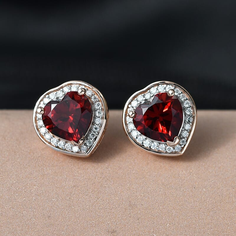 D'Joy Mozambique Garnet and Moissanite 3.00 ctw Heartfire Glow Earrings in 18K Vermeil Rose Gold Over Sterling Silver