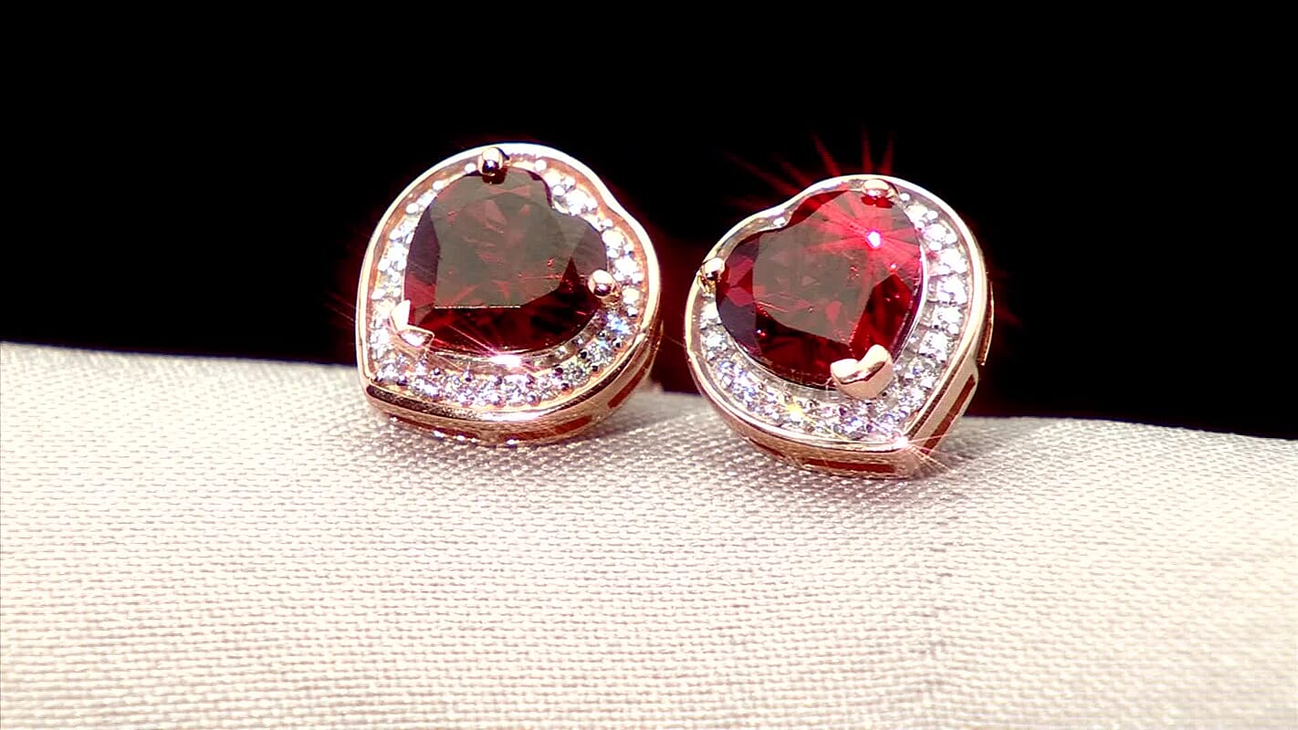 D'Joy Mozambique Garnet and Moissanite 3.00 ctw Heartfire Glow Earrings in 18K Vermeil Rose Gold Over Sterling Silver