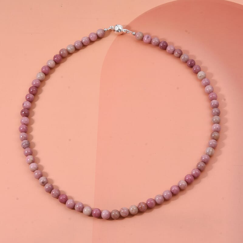 Rhodonite Beaded Necklace with Magnetic Lock in Rhodium Over Copper 150.00 ctw (18 Inches)