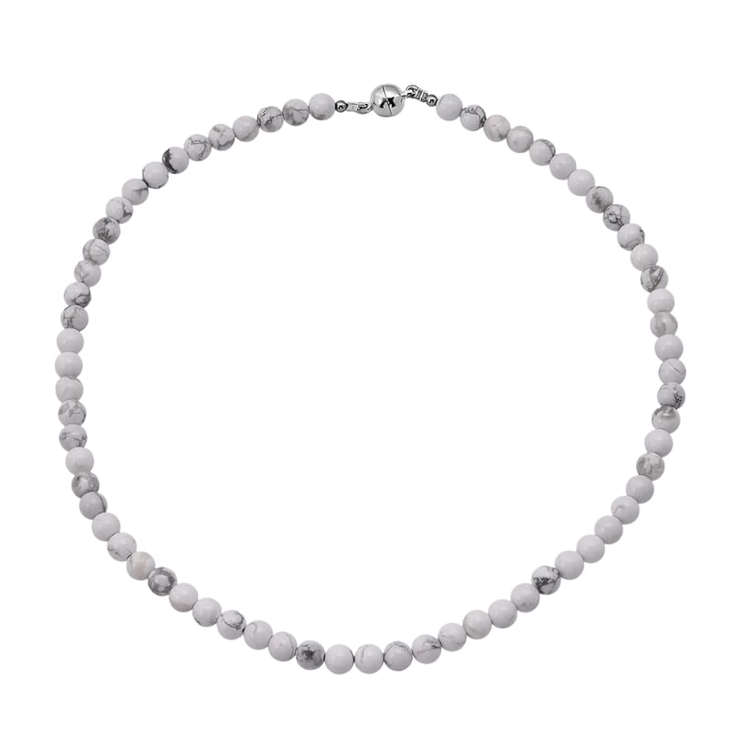 White Howlite Beaded Necklace with Magnetic Lock in Rhodium Over Copper 150.00 ctw (18 Inches)