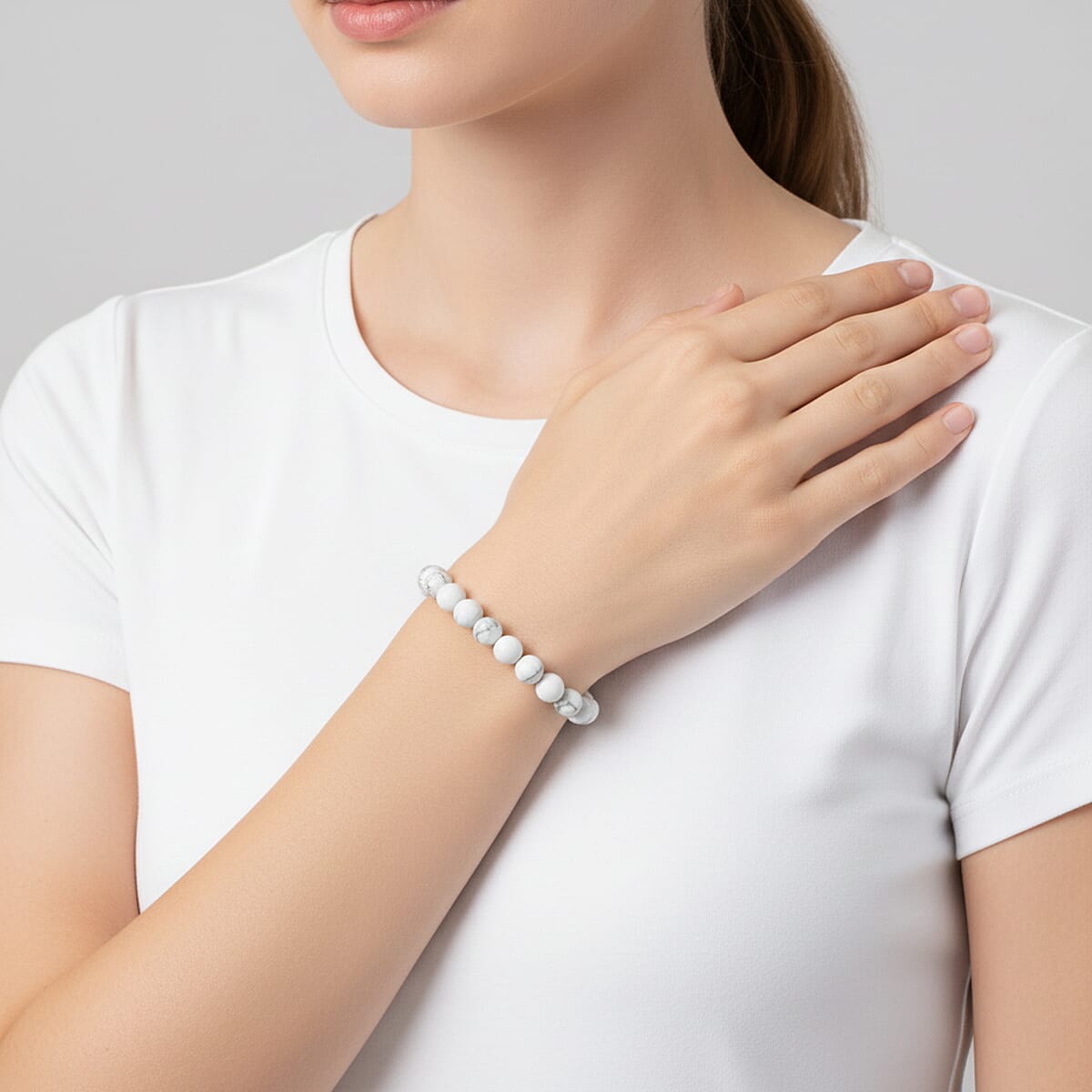 White Howlite Beaded Stretch Bracelet 48.00 ctw image number 2