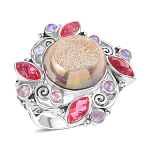 Sajen Silver Pink Pearl Dyed Window Drusy Quartz, Multi Gemstone Ring in Rhodium Over Sterling Silver 15.80 ctw (Size 10.0)