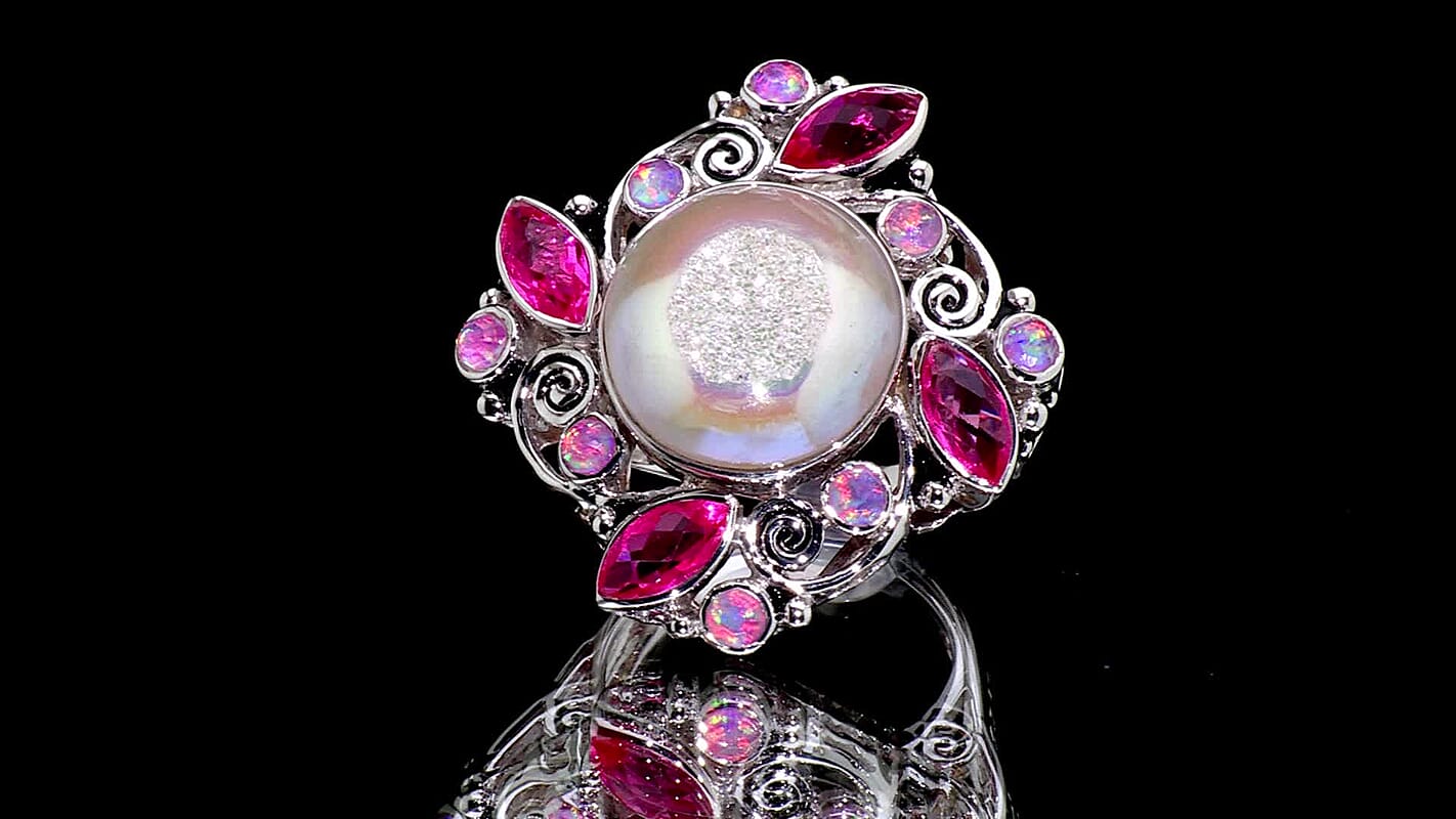 Sajen Silver Pink Pearl Dyed Window Drusy Quartz, Multi Gemstone Ring in Rhodium Over Sterling Silver (Size 10.0) 15.80 ctw