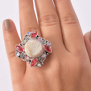 Sajen Silver Pink Pearl Dyed Window Drusy Quartz, Multi Gemstone Ring in Rhodium Over Sterling Silver 15.80 ctw (Size 10.0)
