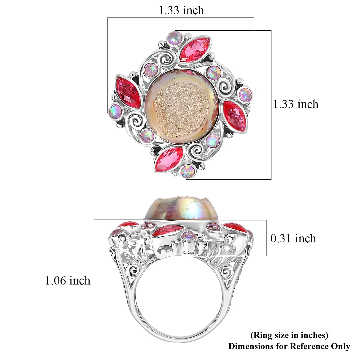 Sajen Silver Pink Pearl Dyed Window Drusy Quartz, Multi Gemstone Ring in Rhodium Over Sterling Silver (Size 10.0) 15.80 ctw image number 5