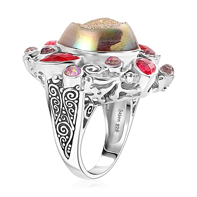 Sajen Silver Pink Pearl Dyed Window Drusy Quartz, Multi Gemstone Ring in Rhodium Over Sterling Silver 15.80 ctw (Size 6.0)