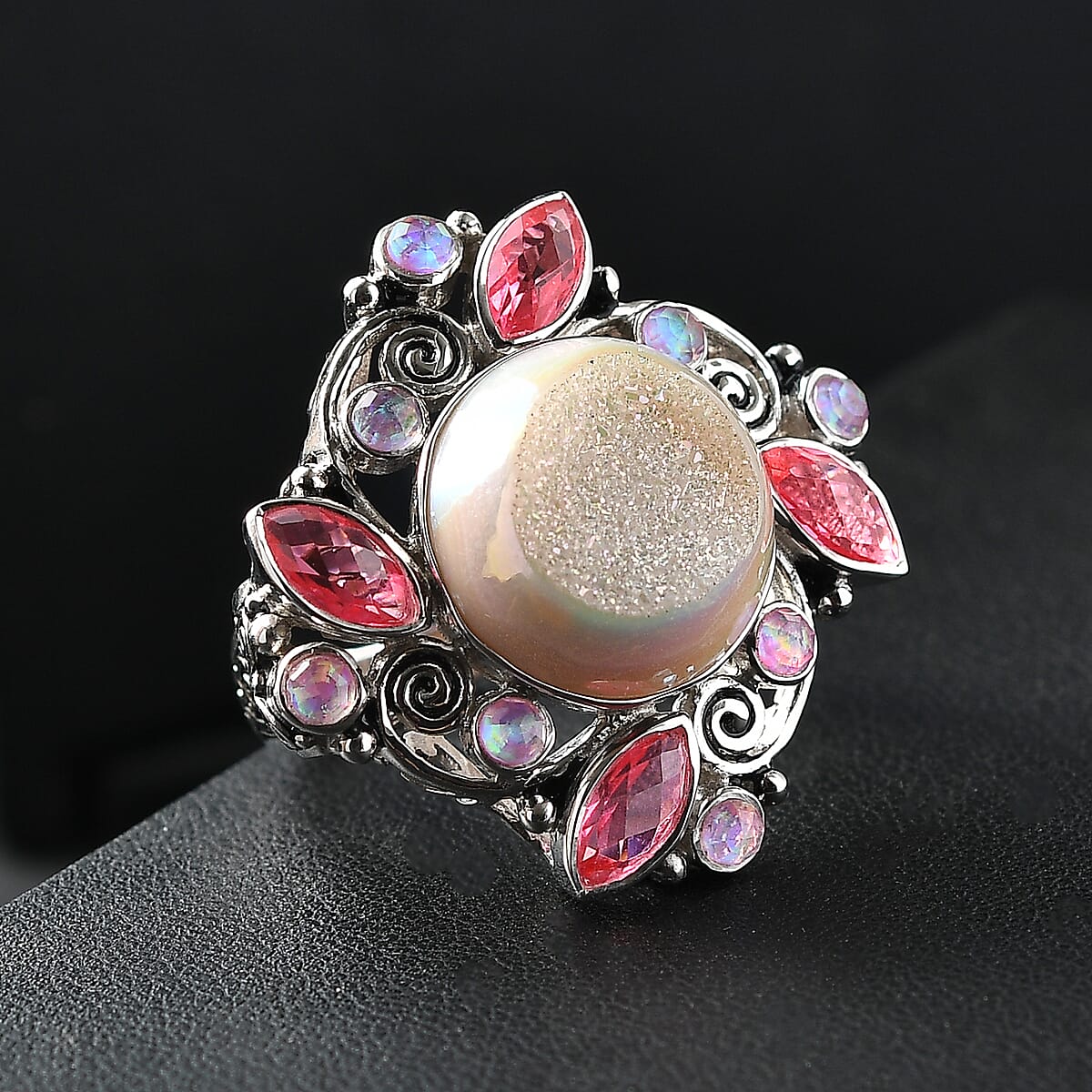 Sajen Silver Pink Pearl Dyed Window Drusy Quartz, Multi Gemstone Ring in Rhodium Over Sterling Silver 15.80 ctw (Size 8.0) image number 1